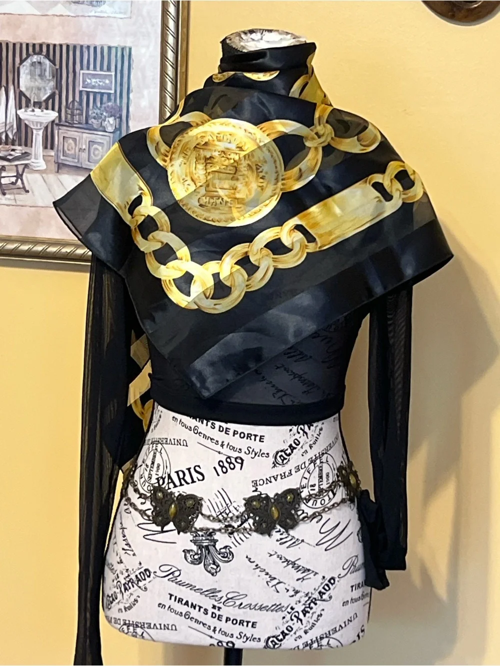 Black Silk-Look Scarf with Bold Gold Chain Print